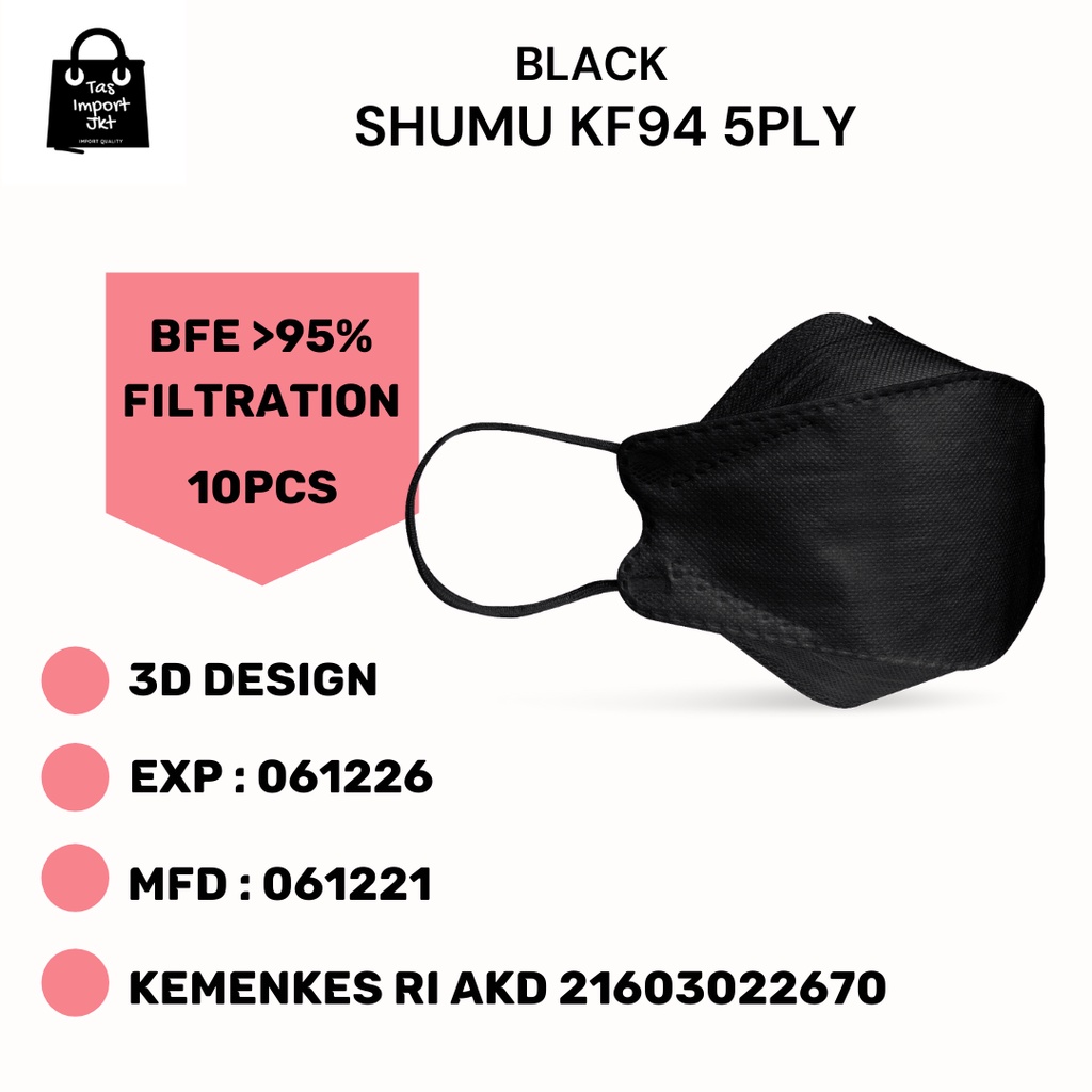 MASKER ANTI LIPSTIK  KF94 MASK BLACK MURAH MERK SHUMU ORIGINAL 5PLY