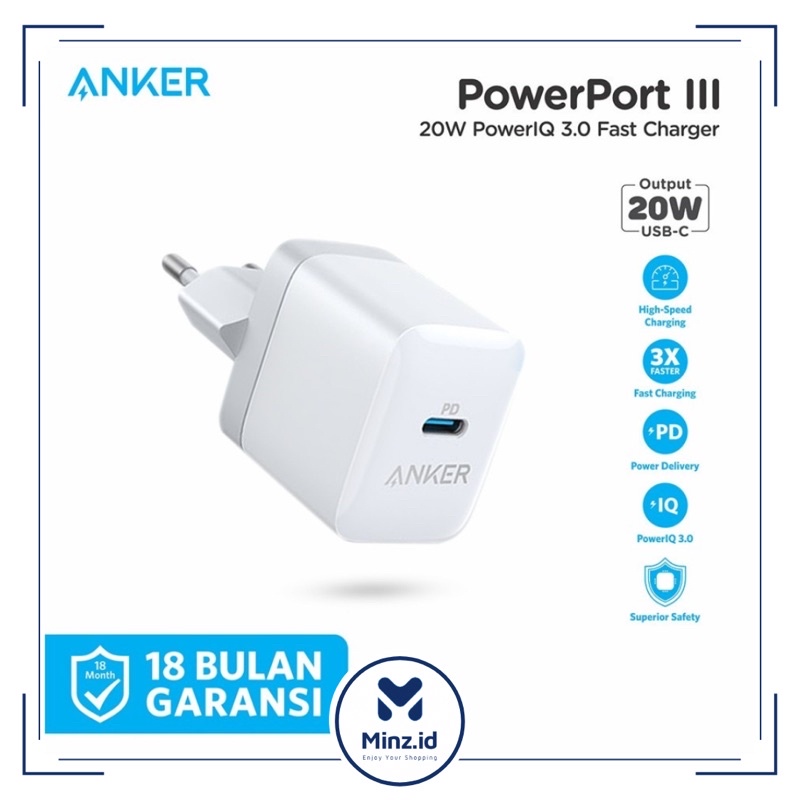 Wall Charger Anker PowerPort III PD 20W A2631 - Adaptor Cas Fast Charging PD QC PIQ Power IQ 3.0 13 