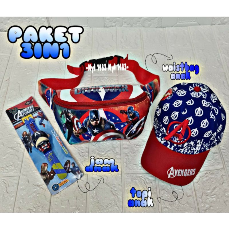 Waistbag c.america /topi bordir printing bonus jam tangan