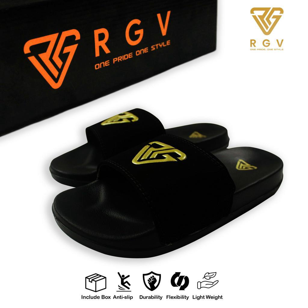 RGV - SANDAL PRIA DAN WANITA SLIDE SLIP ON SENDAL ANTI LICIN RINGAN SELOP BLACK LOGO GOLD