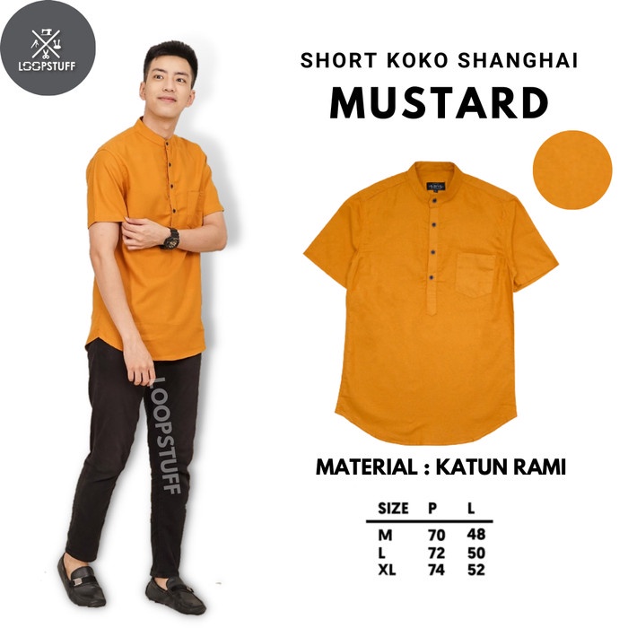 LoopStuff Baju Koko Shanghai Pria Lengan Pendek Warna Kuning Mustard - XL