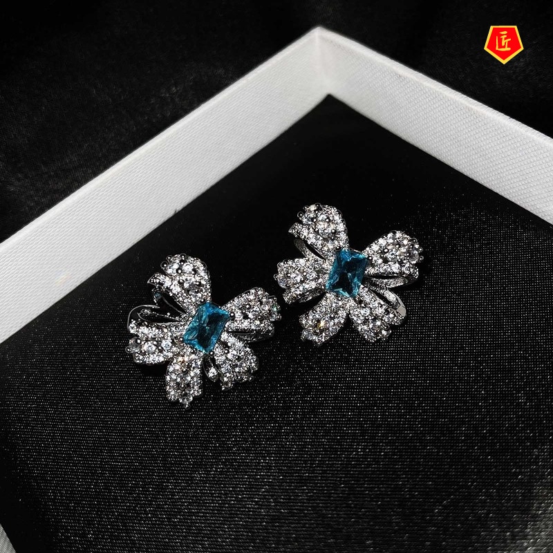 [Ready Stock]Natural Topaz Bow Necklace Set Rings Stud Earrings