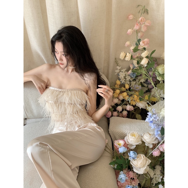 Setelan 2022 Baru Wanita Musim Panas Desain Rasa Niche Tube Top Pinggang Tinggi Tipis Lebar Kaki Celana Dua Potong Set