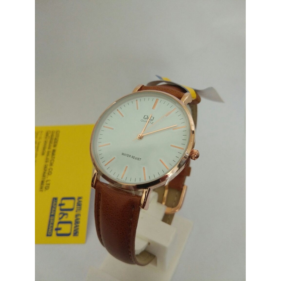 Jam tangan murah jamTangan Pria Q&Q  Analog Tali Kulit Cokelat Q978J101Y Original