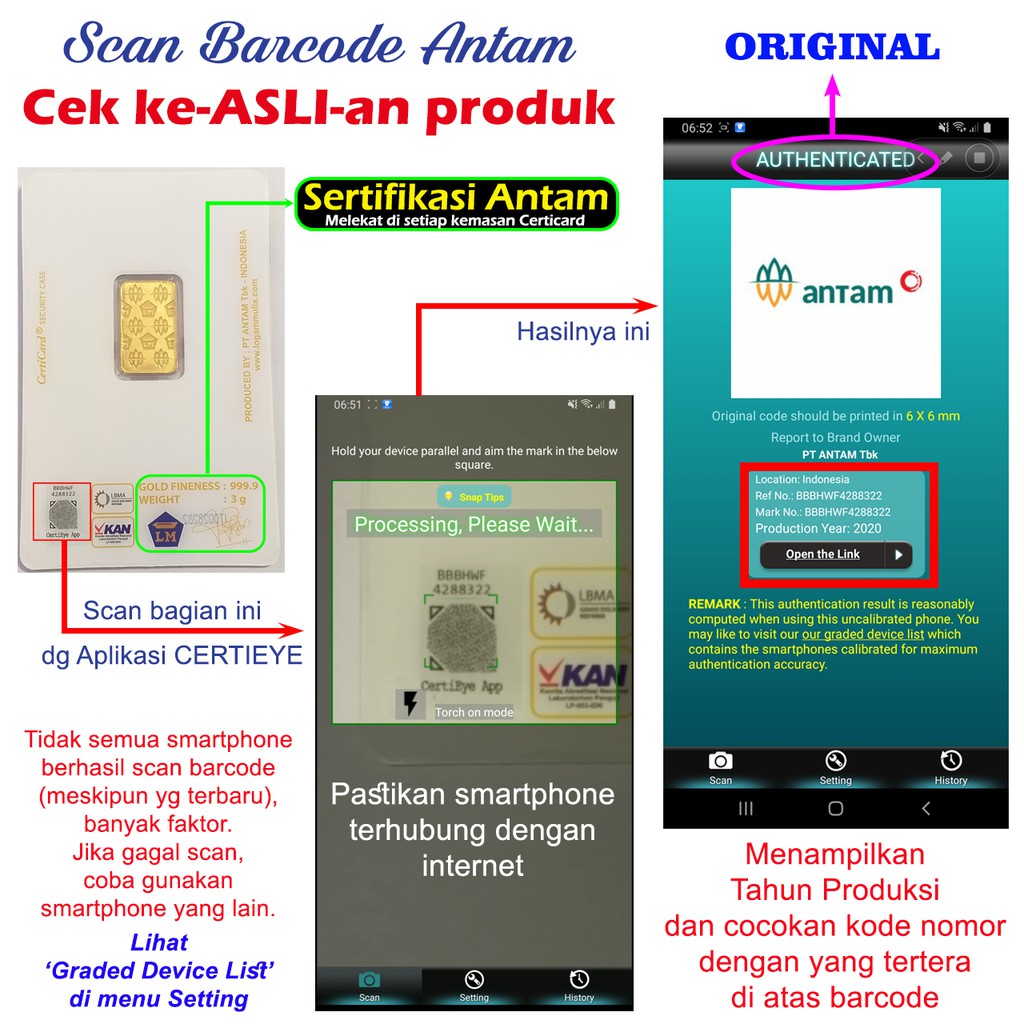 ASLI Antam 1 gram Logam Mulia Emas Murni 24 Karat Certicard Certieye