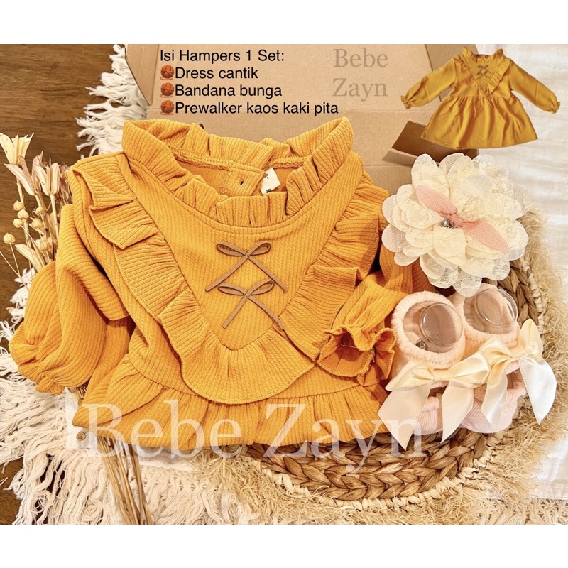 {BEBE ZAYN} Hampers baby/ hampers bayi/ baby gift/ kado bayi/ baby newborn/ Baby Girl/ Flowery Dress Set-Ribbon Doll Mustard