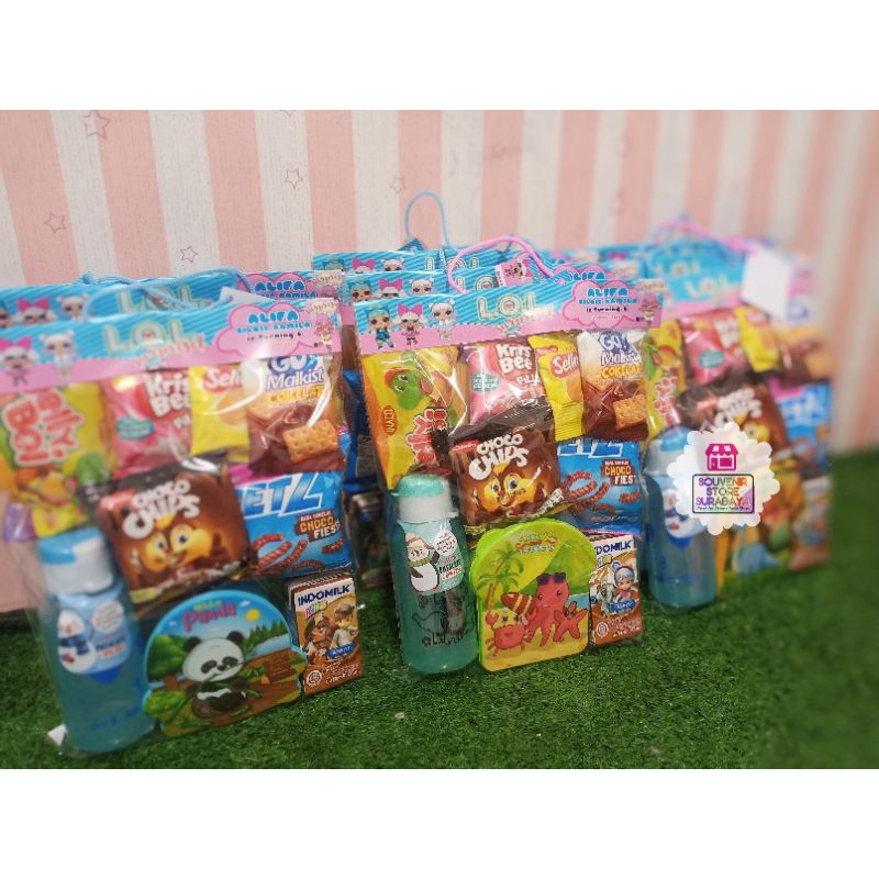 Souvenir Ultah Set Botol Minum / Set Botol 350ml / Botol Fliptop 350ml / Snack Birthday / Paket Snack Ulang Tahun / Set mini lunchbox