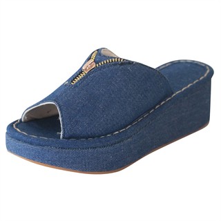  Wmlove Sandal  Selop  Wanita Bahan Denim Flat Heels Peep 