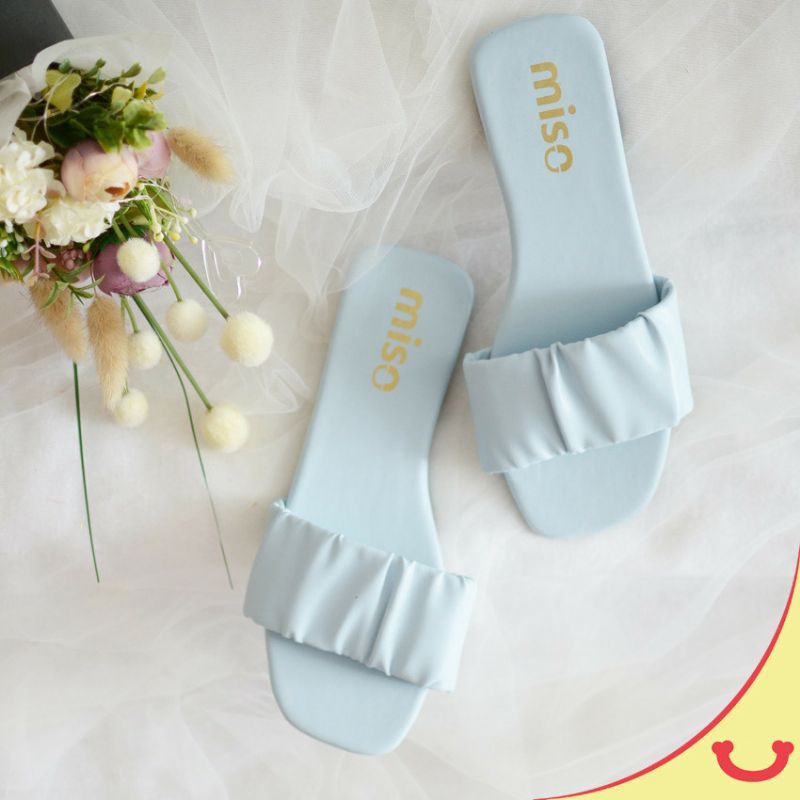 Sandal Flat Wanita Tali kerut biru pastel terbaru