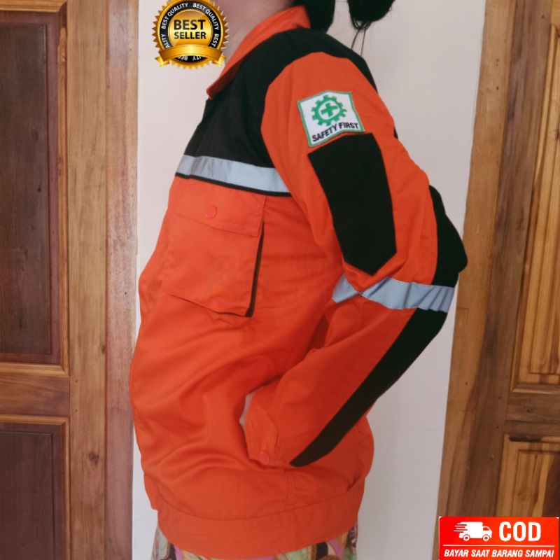 Baju Safety/ Wearpack Safety Atasan Warna Oranye Kombinasi Hitam