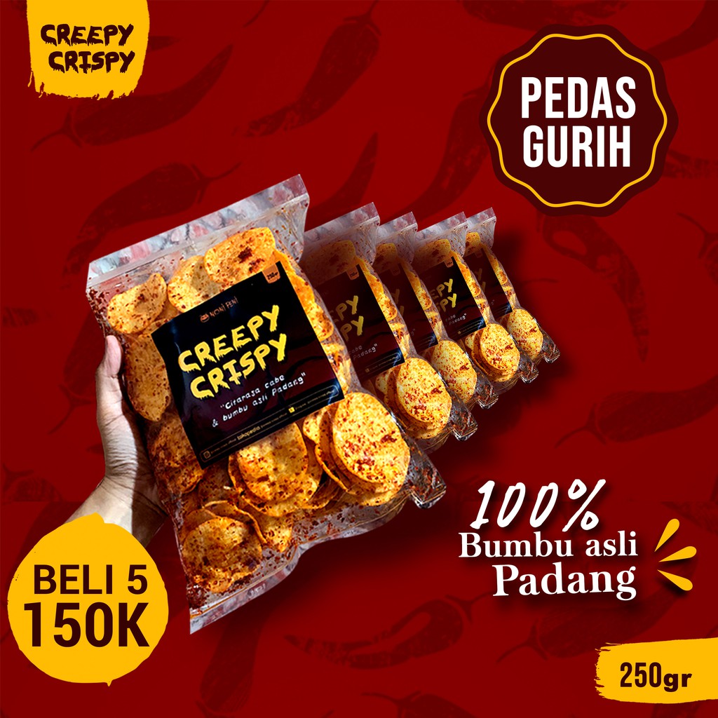 

Paket isi 5- Kerupuk Pedas Bumbu Ebi TANPA MECIN dgn Cabe Asli Padang