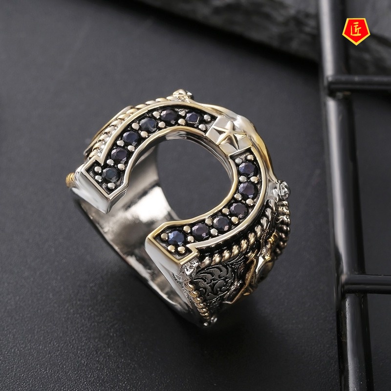 [Ready Stock]Men's Horseshoe Diamond Ring Gold Two-Color