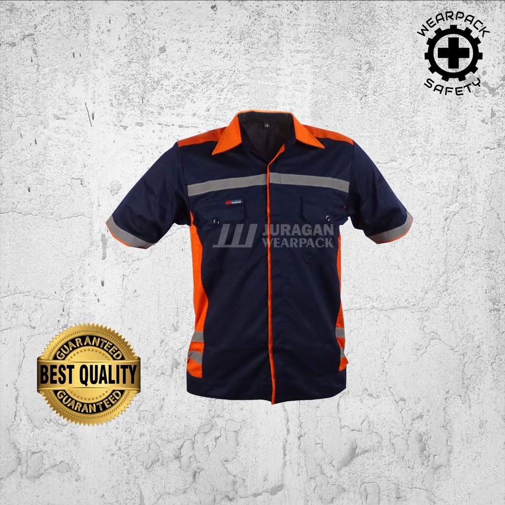 Wearpack Kerja / Baju Wearpack Safety Lengan Pendek Warna Orange Kombinasi Biru Navy