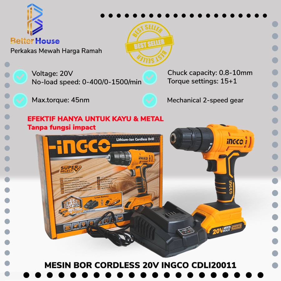 MESIN BOR CORDLESS DRILL BOR BATERAI 20V BOR BESI KAYU INGCO CDLI20011