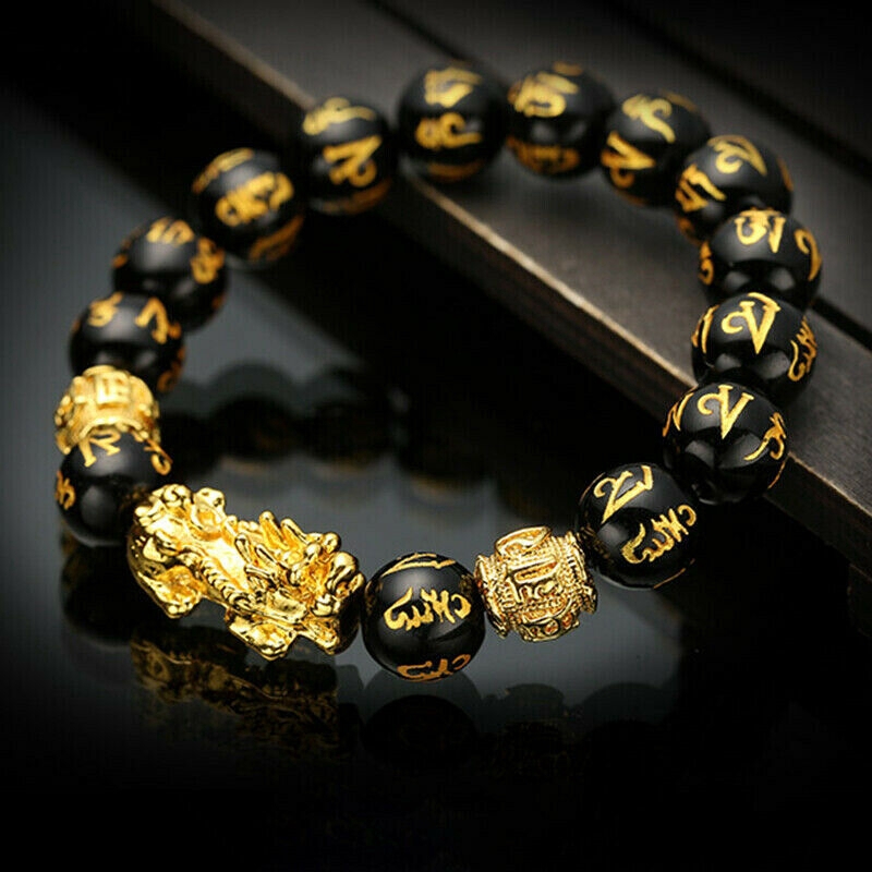 Gelang Feng Shui Warna Hitam Obsidian Pi Xiu Bahan Alloy Ukuran 10/12mm