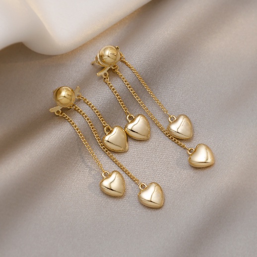 ANTING KOREA TUSUK TITANIUM WANITA TASSEL HEART ANTING TUSUK PANJANG RUMBAI WARNA GOLD AKSESORIS FASHION IMPORT ANT57