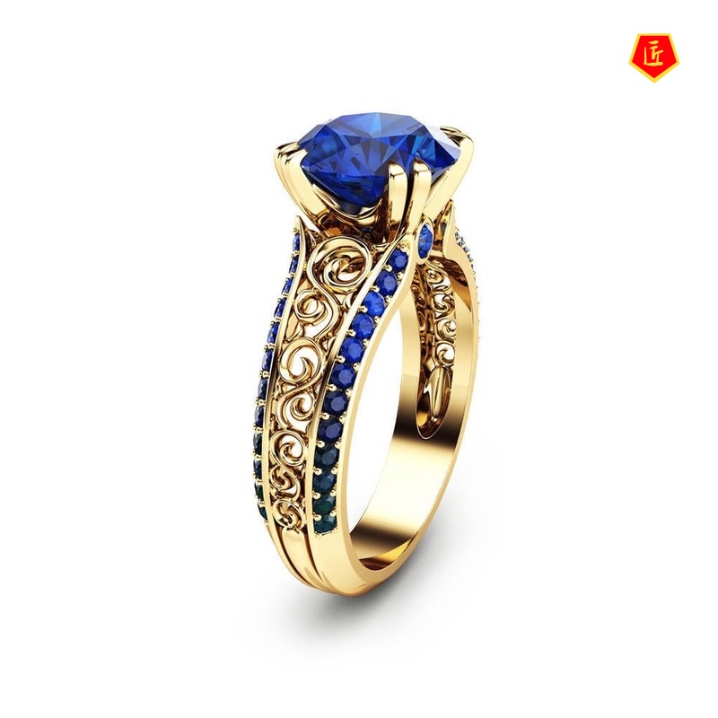 [Ready Stock]Ruby Hollow Flower Ring Micro-Inlaid 14K Gold Sapphire