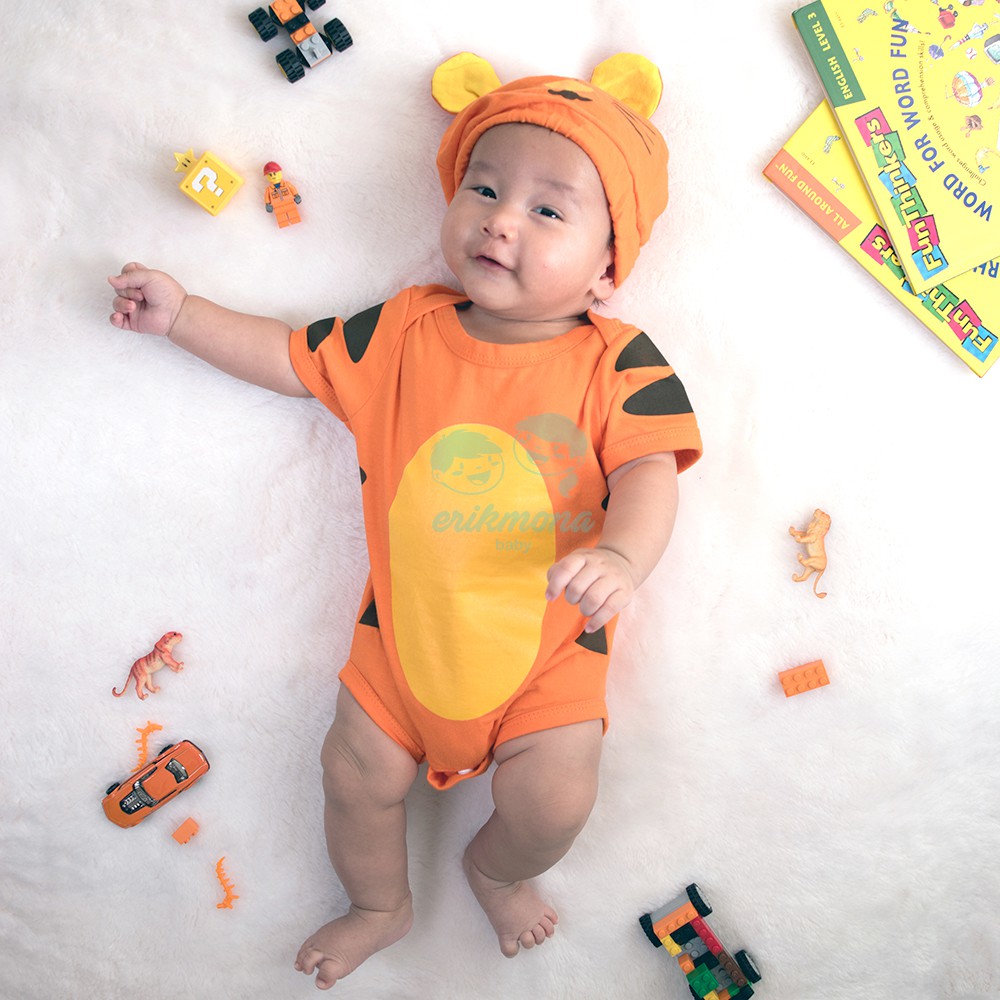 Ermon Baby - Baju Bayi Laki Laki Jumper Baby Cowok Lucu Karakter Macan Tiger + Topi usia 0 - 12 Bulan