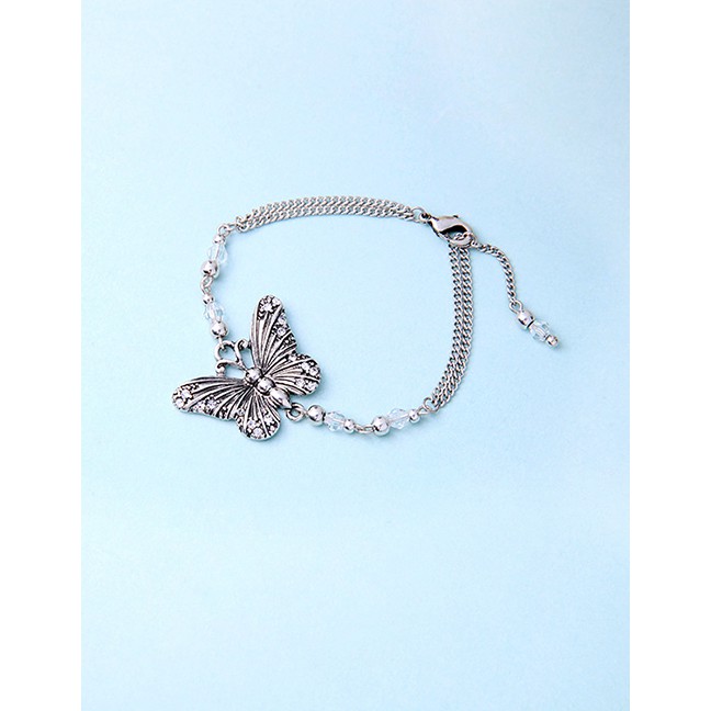 LRC Gelang Tangan Fashion Silver Butterfly Pearl Diamond Bracelet F69661