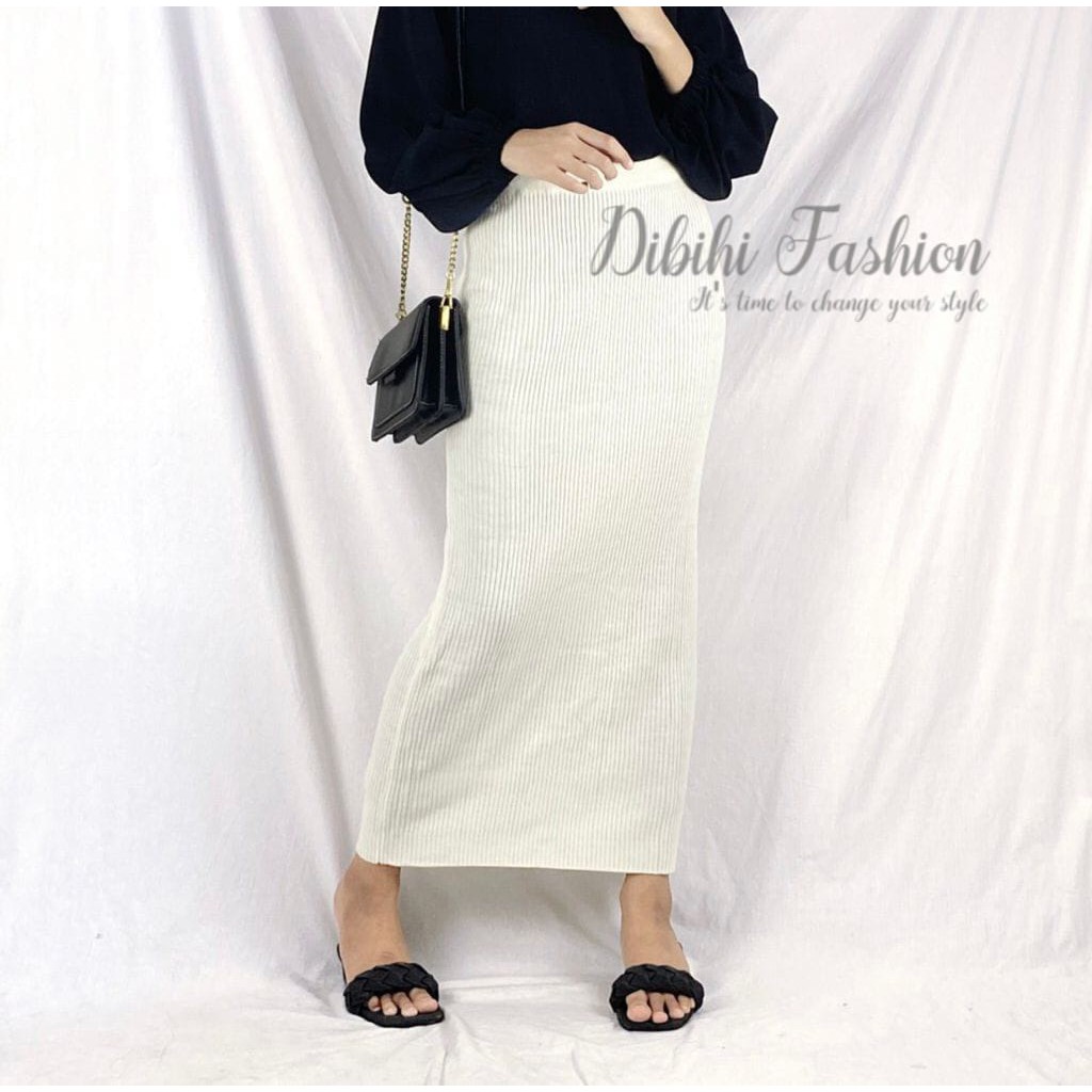 Rok Span Rajut  Rok Rajut Panjang Rok Span Knitted Panjang Rok Panjang Polos Rok Hitam Polos Rok Kerja Wanita-Broken White