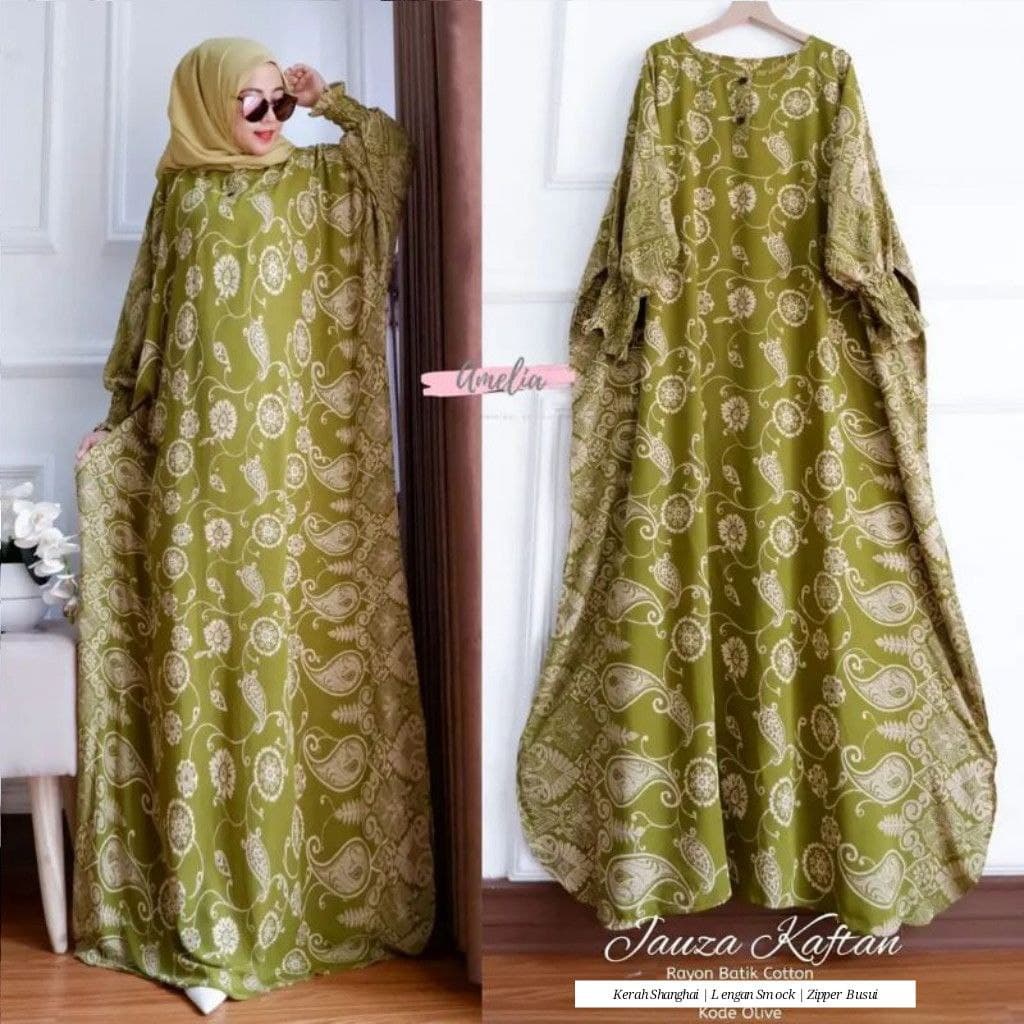 Jauza Home Kaftan Wanita Rayon Premium Gamis Dress Jumbo Batik Busui Kekinian Bigsize LD 150 cm