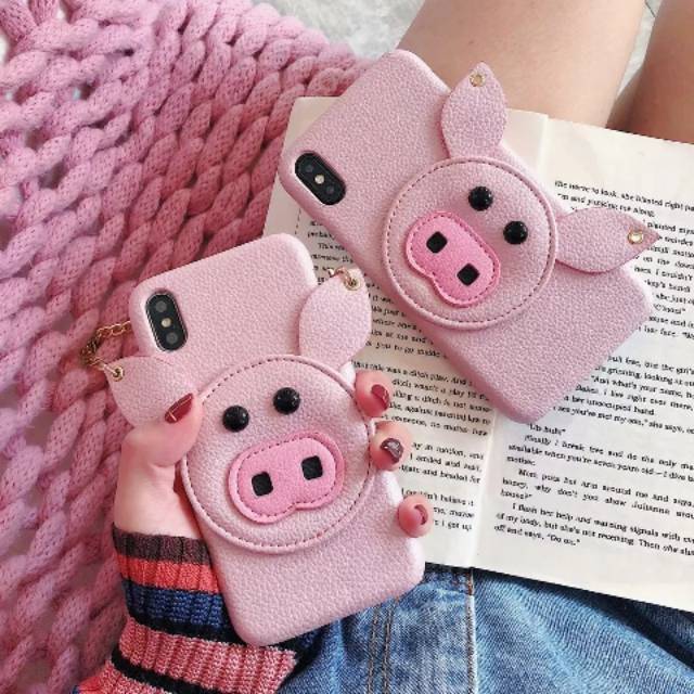 Pink Pig Face with Chain Sling Strap Cute Leather Hard Case iPhone 6/6+/6s/6s+/7/7+/8/8+/X/Xs/Max/Xr