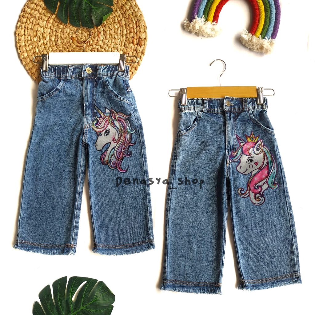 (Harga satuan)Setelan jeans anak perempuan/kulot rawis motif LED/kulot motif unicorn/kaos motif anak