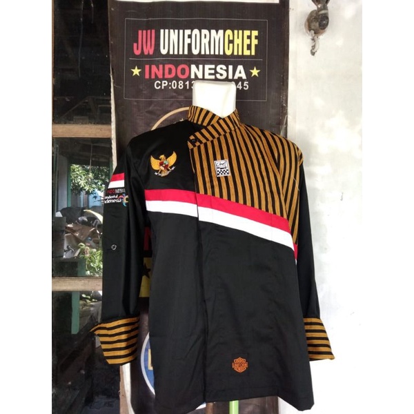 Baju Chef Baju Koki Lengan Panjang  INDOCHEF UNIFORM Kombinasi BATIK LURIK EMAS Harga Murah berkwali