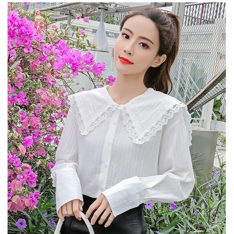 [baju wanita korea] Baju Atasan Kemeja Putih Biru Wanita Korea Import