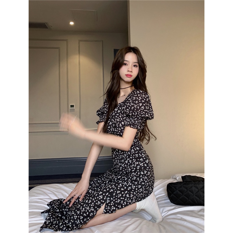 Mini Dress Bahasa Perancis Leher Persegi Floral Gaun Wanita Hitam Pinggang Celah Rok Panjang Perteng