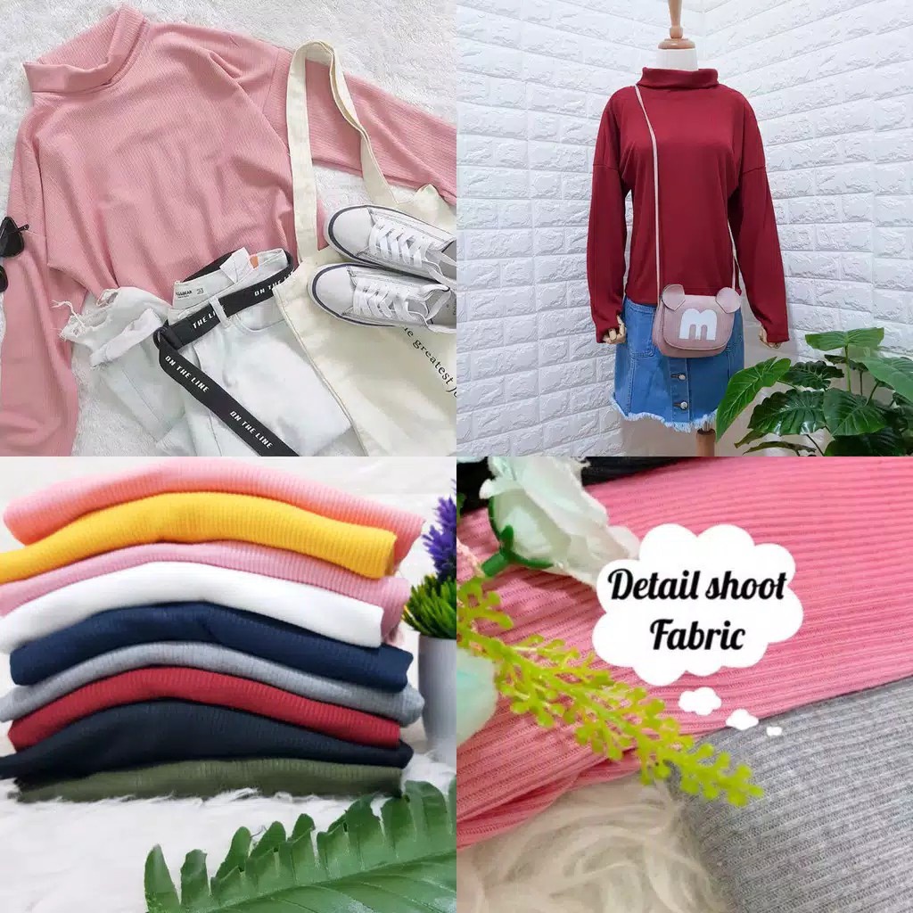 Tq88indonesia Fashion Baju Wanita Leher Lipat / Tinggi Lengan Panjang /  Avalee Oversize Turtleneck RIB / Busana Santai Cewek / Ootd / Outfit Kekinian