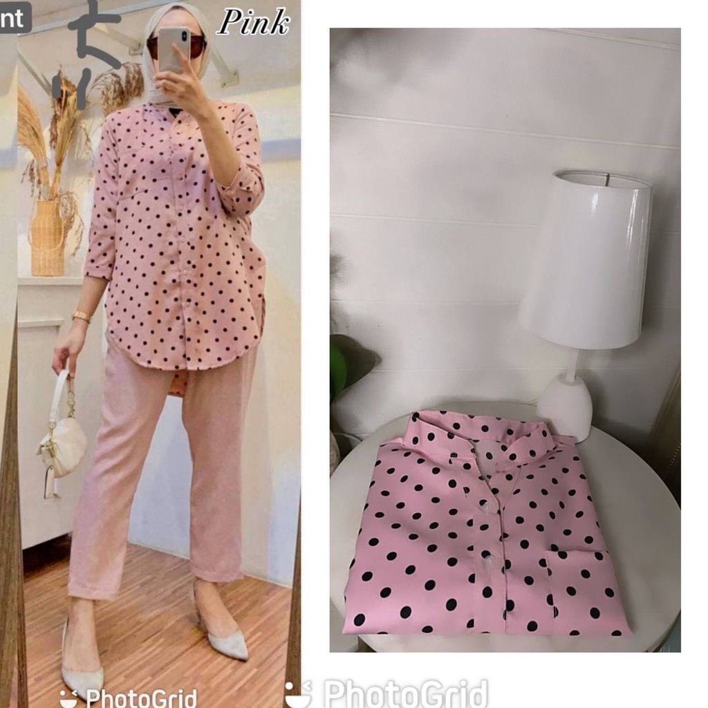 One Set Isla Renata Polkadot Shakila Kield Premium Baju Setelan Wanita Kekinian Set Celana Baggy Pants LD 110 cm