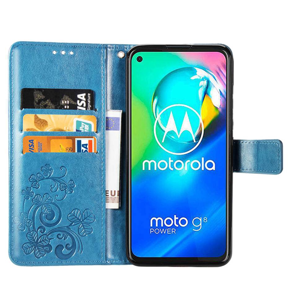 Flip Case Dompet Kulit Pu Emboss Clover 3d Cover Motorola Moto G8 Power