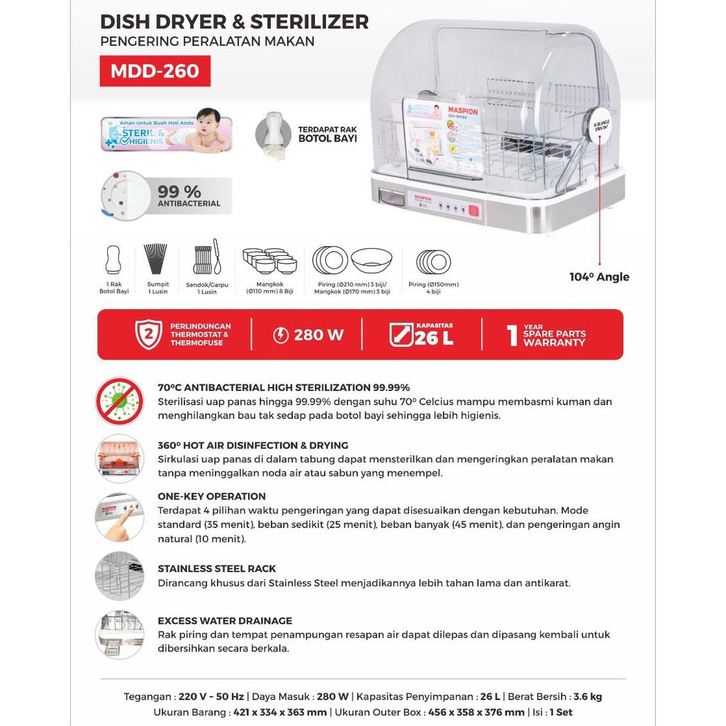 MASPION MDD 260 - DISH DRYER N STERILIZER 26 LTR 280 WATT / MDD260