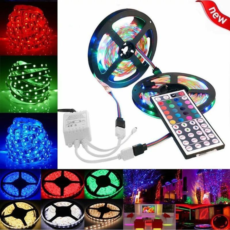 LAMPU LED  STRIP 3528 5050 RGB WARNA WARNI IP44 5M AC 220V + ADAPTOR + REMOTE 3528 5050