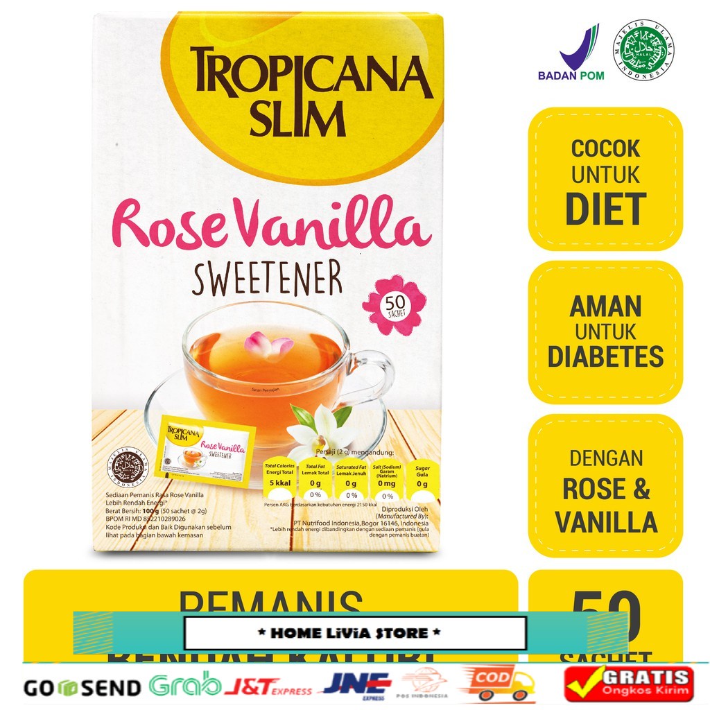

Tropicana Slim Sweetener Rose Vanilla 50 sch - Pemanis untuk Bantu Batasi Gula