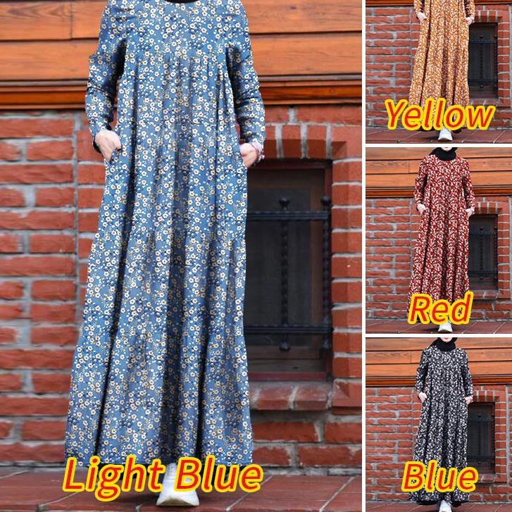 Koleksi Terbaru.. ZANZEA Women Full Sleeve Vintage Back Zipper Printed Muslim Long Dress