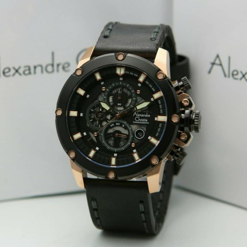 Jam Tangan Alexandre Christie AC6564 Pria / AC 6564 M Black Rose gold Original