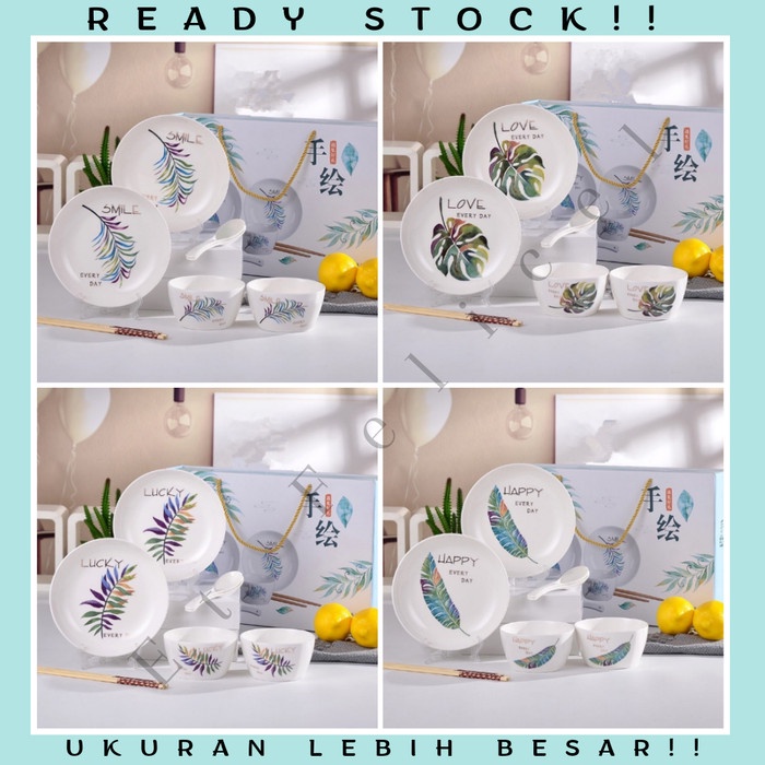 Alat Makan Ceramic Tableware Set / Piring Mangkok Sendok Keramik Hampers Kado - Flamingo