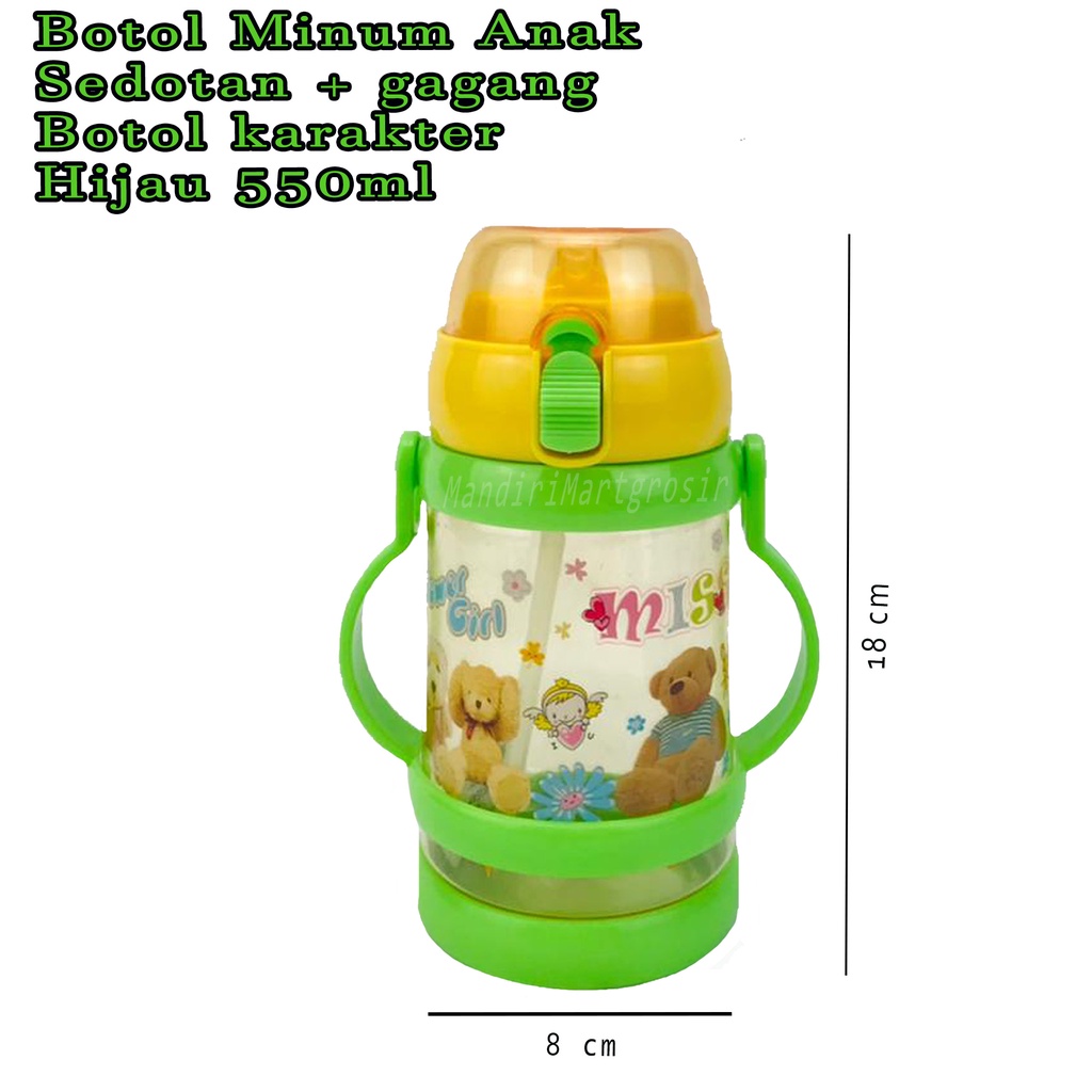 Botol minum berkarakter * Botol minum sedotan dan gagang * Power girl  Hijau * 550ml