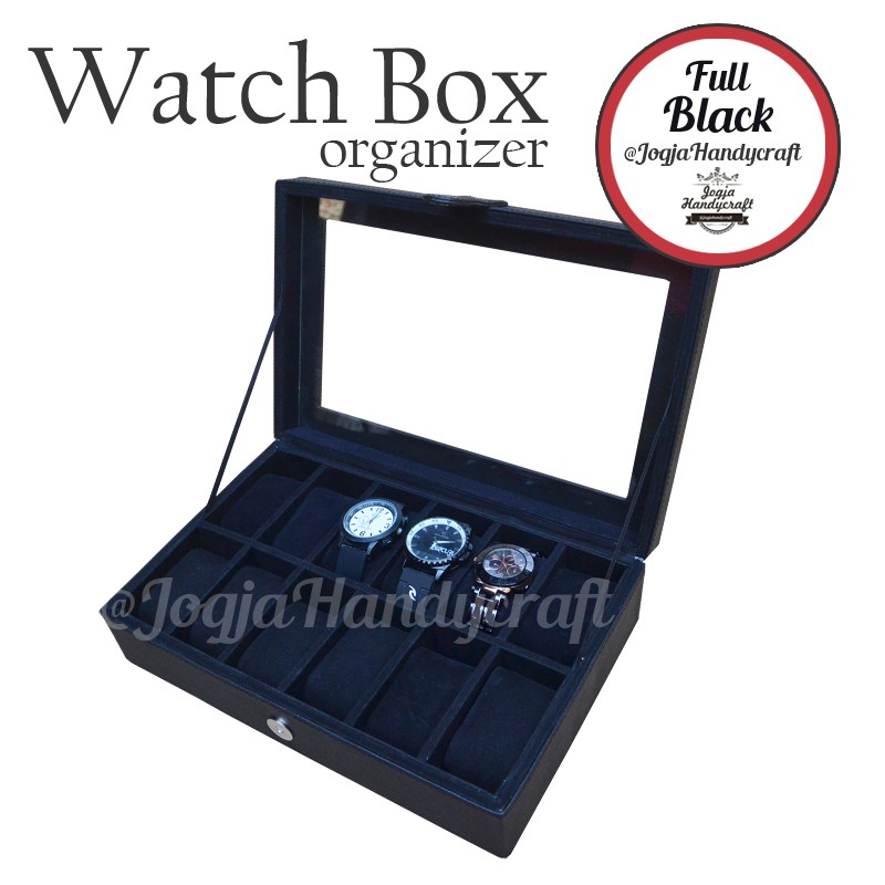 FULL BLACK WATCH BOX ORGANIZER FOR 12 WATCHES (box jam tangan isi 12)