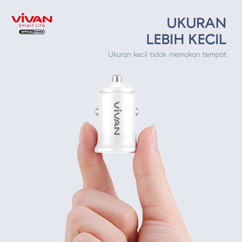 VIVAN Car Charger VCC01 2.4A Dual Port Small &amp; Portable with Charging Cable 100cm Garansi 1 Tahun