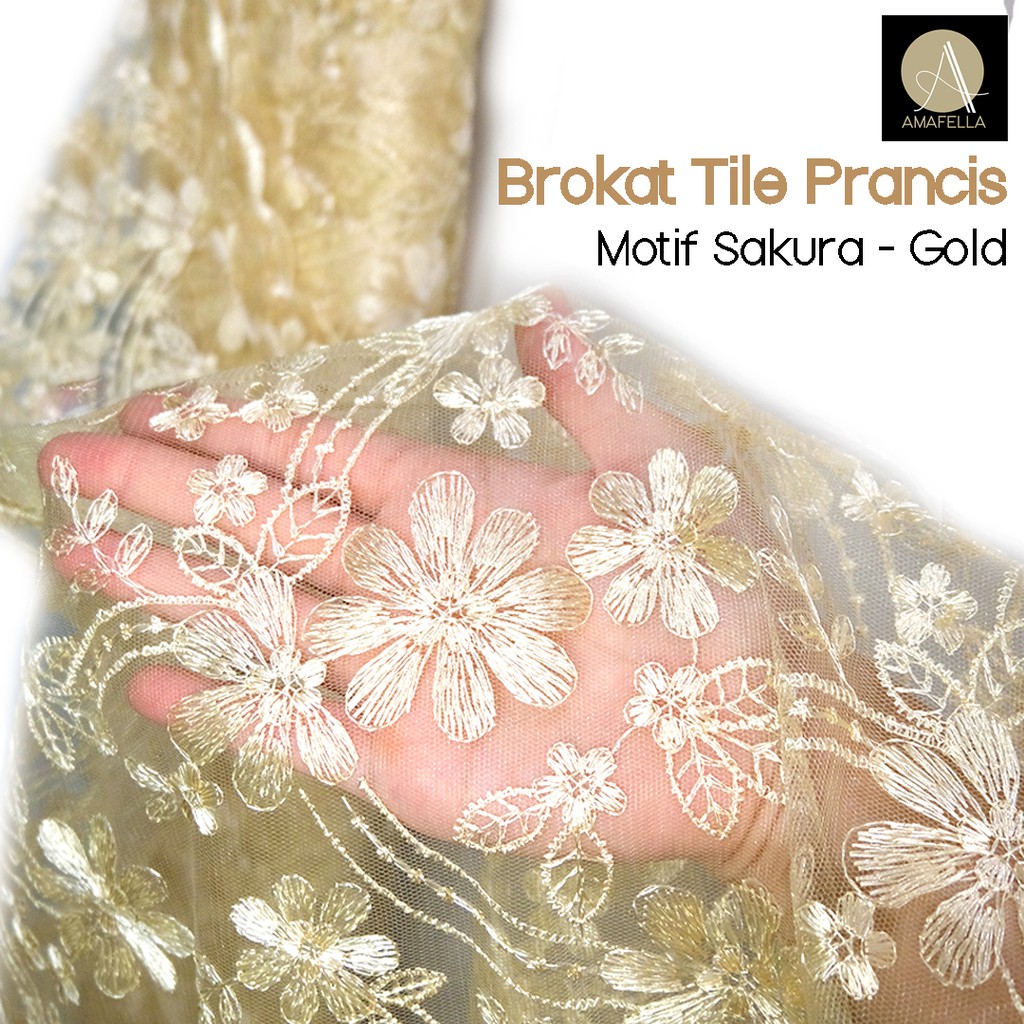 1/2 meter Kain Brokat Tile Prancis Bahan Kebaya Motif Sakura Gold