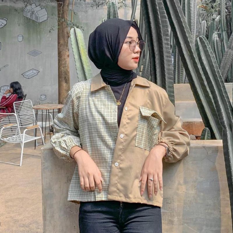 EGAFASHION - SHIRT TWO TONE COMBI /RETRO CASUAL/KEMEJA LENGAN PANJANG MOTIF/PAKAIN WANITA HITS‌ | TW