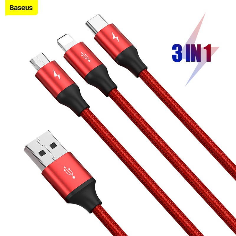 Baseus Kabel Data / Charger 3 In 1 3.5A IP Micro USB / Type C Fast Charging 1.2M Untuk Handphone