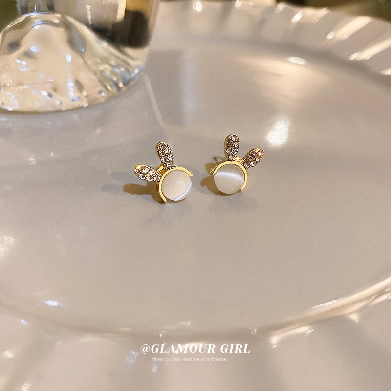 Flash diamond bunny ear opal earrings Aksesoris Telinga Korea Wanita