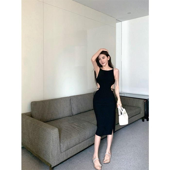 Suhao Hitam Berongga Split Sling Dress Wanita Musim Panas Rempah-rempah Seksi Chic Tanpa Lengan Panj