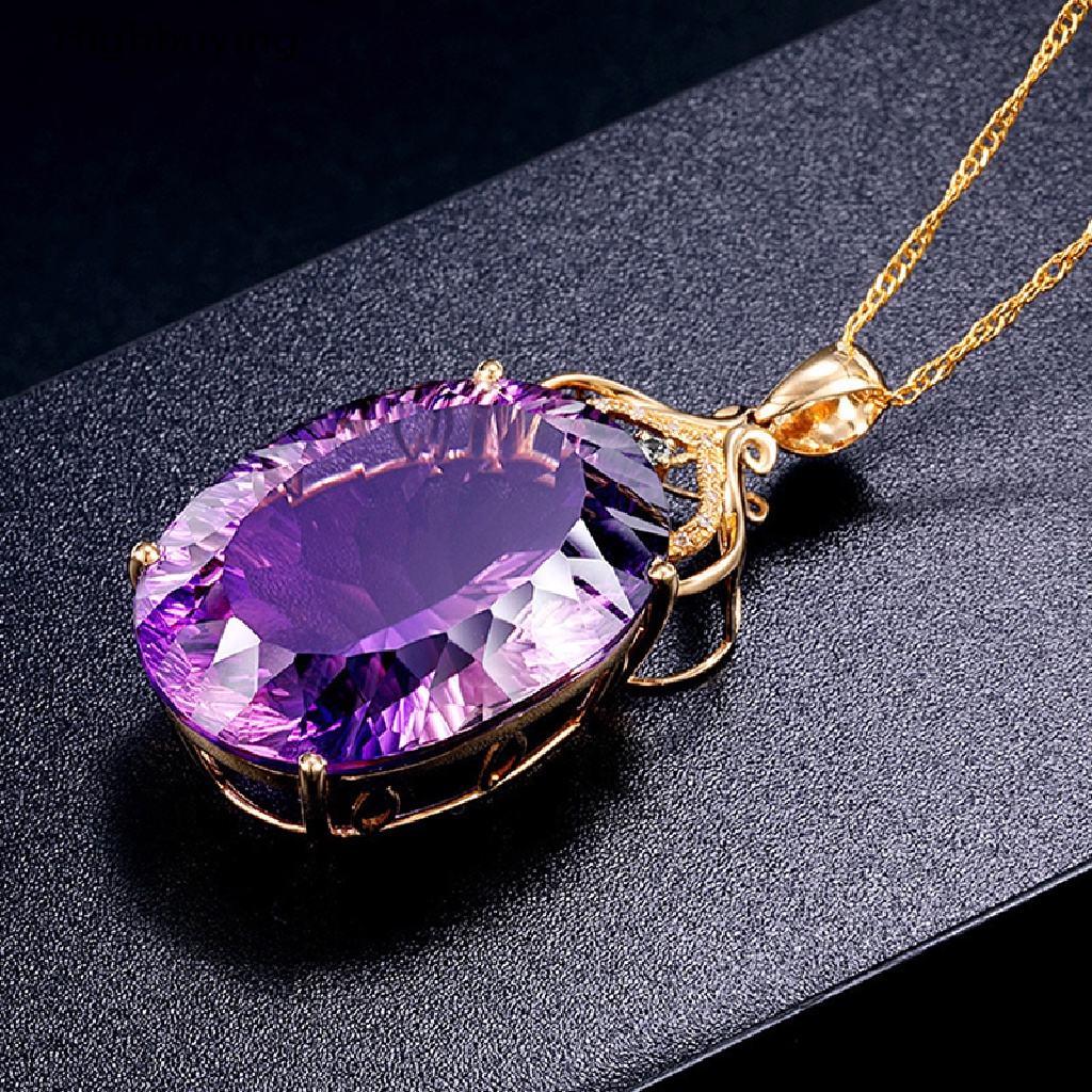 Hbid Kalung Rantai Liontin Batu Amethyst Warna Silver / Gold Untuk Wanita