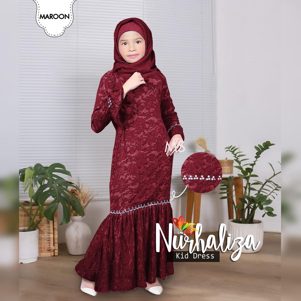 NURHALIZA MAXI DRESS BRUKAT ANAK 6-8th / GAMIS BRUKAT ANAK MUSLIMAH CANTIK MAXY KID NURHALIZA BAHAN MOSCREPE KOMBI BRUKAT