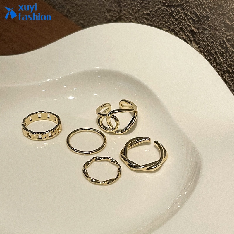 5pcs / Set Cincin Bahan Alloy Warna Emas Untuk Wanita